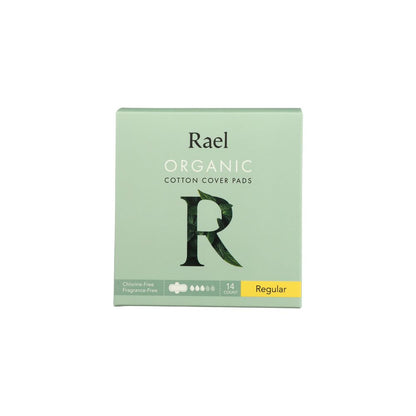 Rael organic cotton cover pads box, regular size, 14 count, chlorine-free, fragrance-free