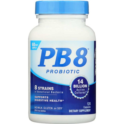 PB8 probiotic bottle with 120 capsules, supports digestive health, 8 bacteria strains