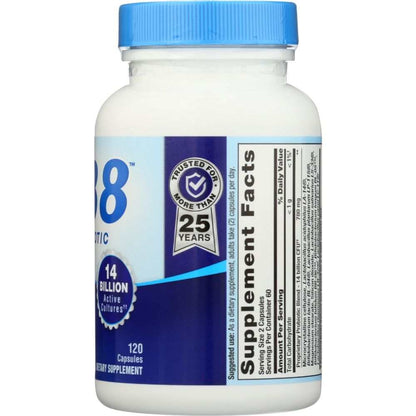 Probiotic supplement bottle with blue cap, showing supplement facts and 14 billion active cultures label