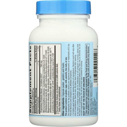 Supplement bottle with blue cap showing nutrition facts and probiotic ingredients label