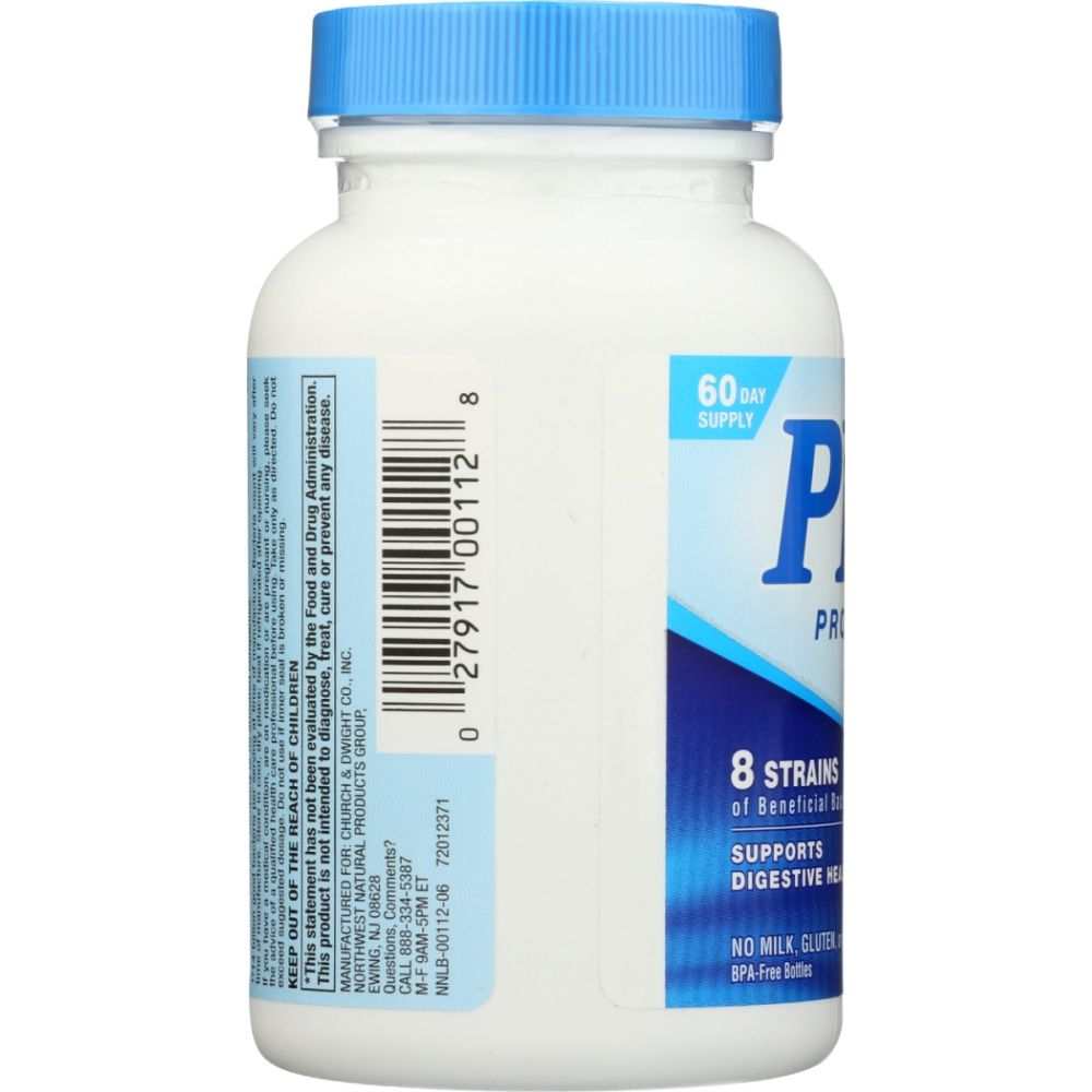 White probiotic supplement bottle with blue lid, barcode, and wellness-focused label