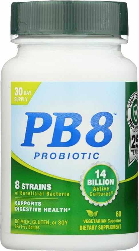 NUTRITION NOW PB8 Original Formula probiotic capsules supporting digestive health with 8 beneficial bacteria strains