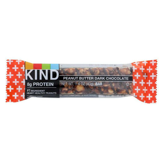 KIND Plus Peanut Butter Dark Chocolate protein bar with peanuts and honey in 1.4 oz packaging
