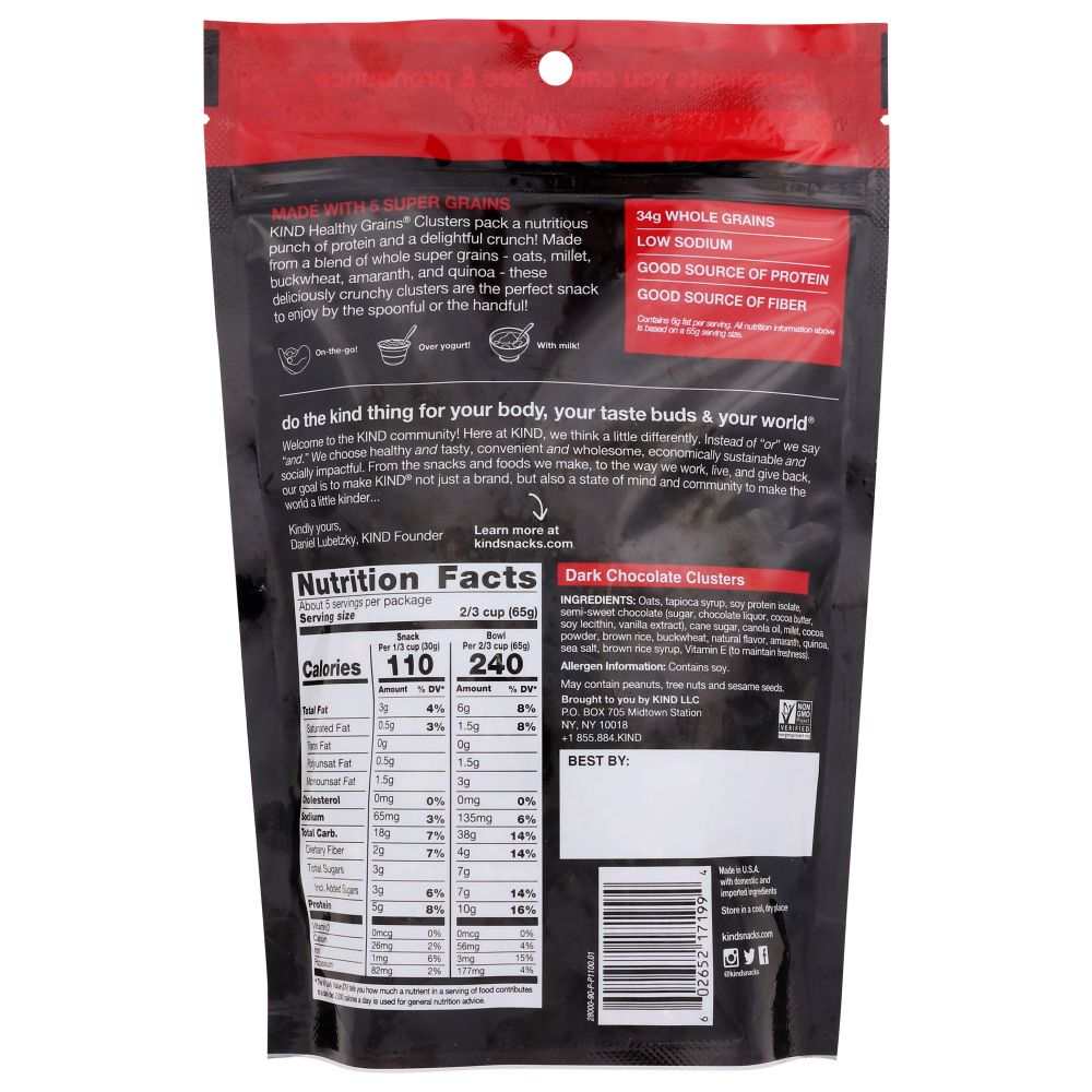 KIND Dark Chocolate whole grain clusters with oats and sea salt, 11 oz pack