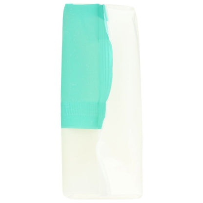 Sealed clear and teal plastic food storage pouch standing upright against white background