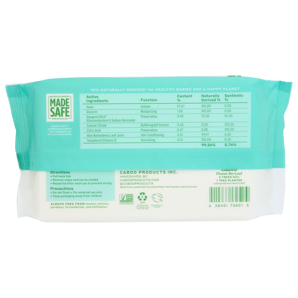 Back of a pack of baby wipes showing natural ingredients, safety information, and directions.