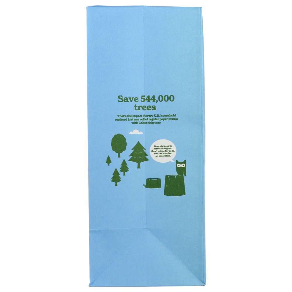 Eco-friendly paper towel packaging with trees, owl graphic, and save trees message on blue bag
