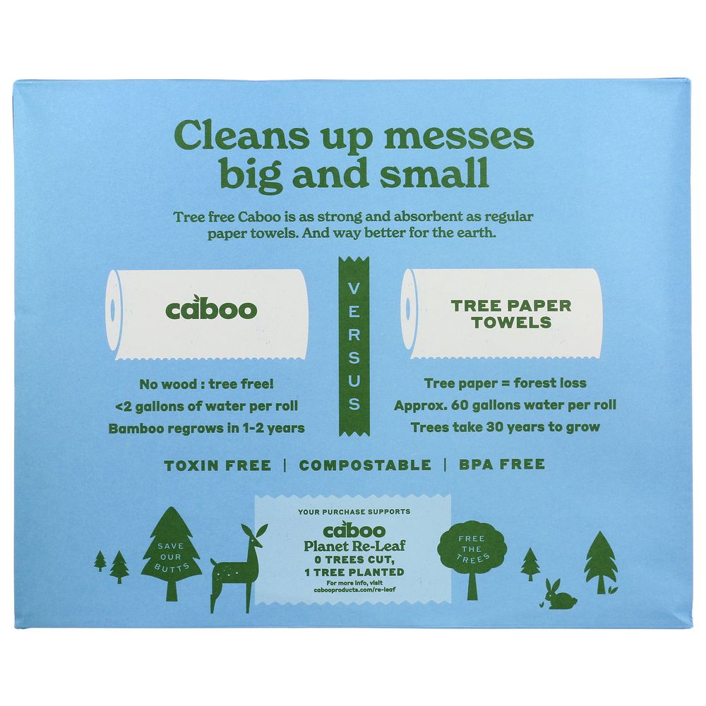 Eco-friendly Caboo bamboo paper towels packaging comparing tree-free vs tree-based paper towels.