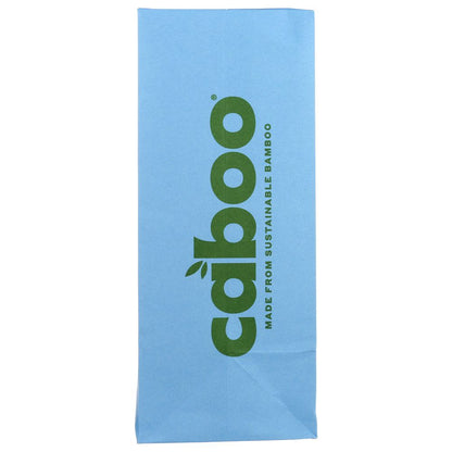Blue eco-friendly paper bag with green caboo logo and 'made from sustainable bamboo' text