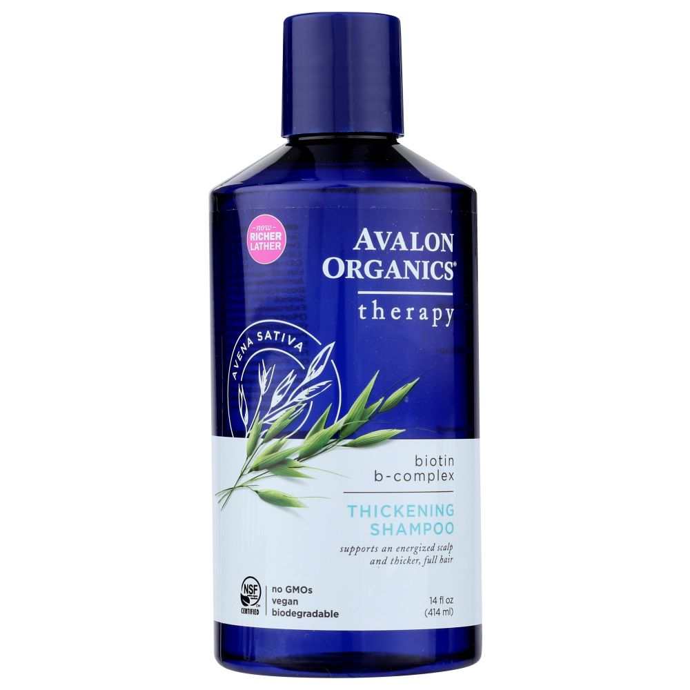 Avalon Organics Thickening Shampoo Biotin B-Complex Therapy 14 oz bottle with biotin and natural ingredients for thicker hair