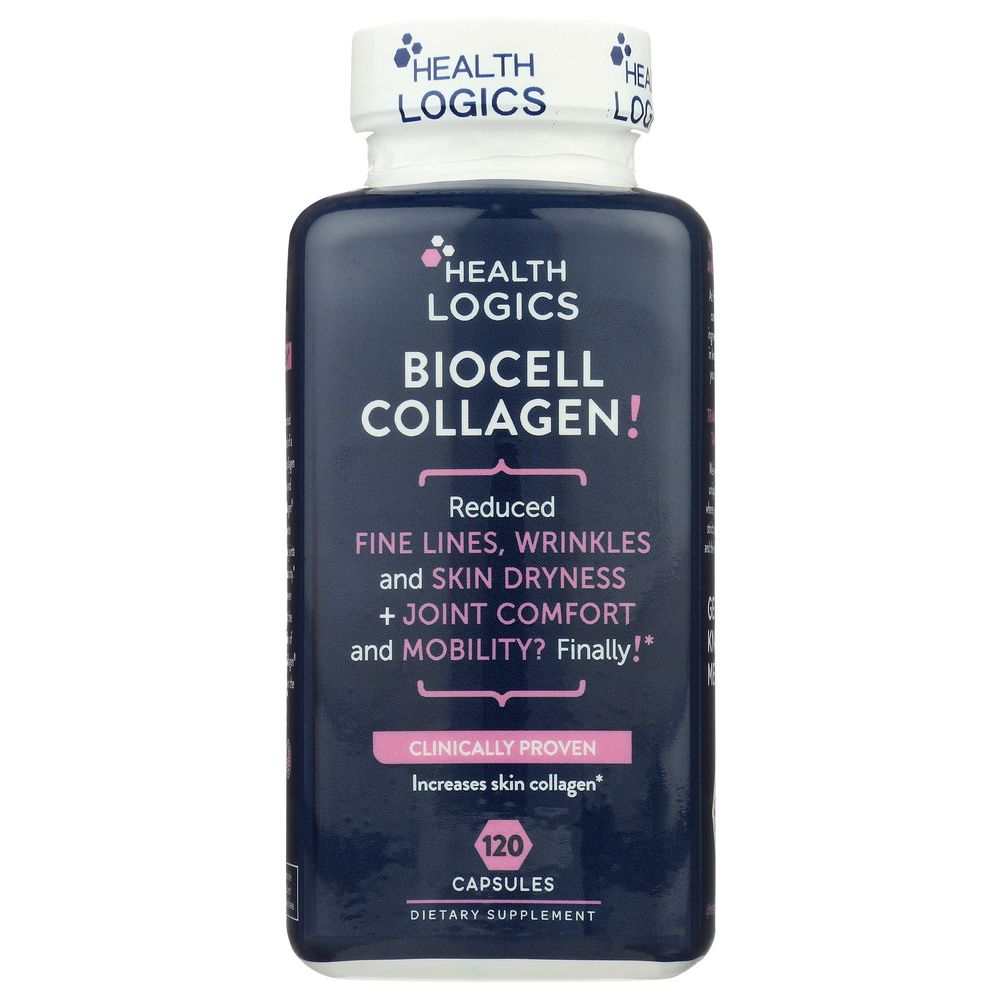 HEALTH LOGICS Biocell Collagen supplement bottle for joint and skin care, 120 capsules