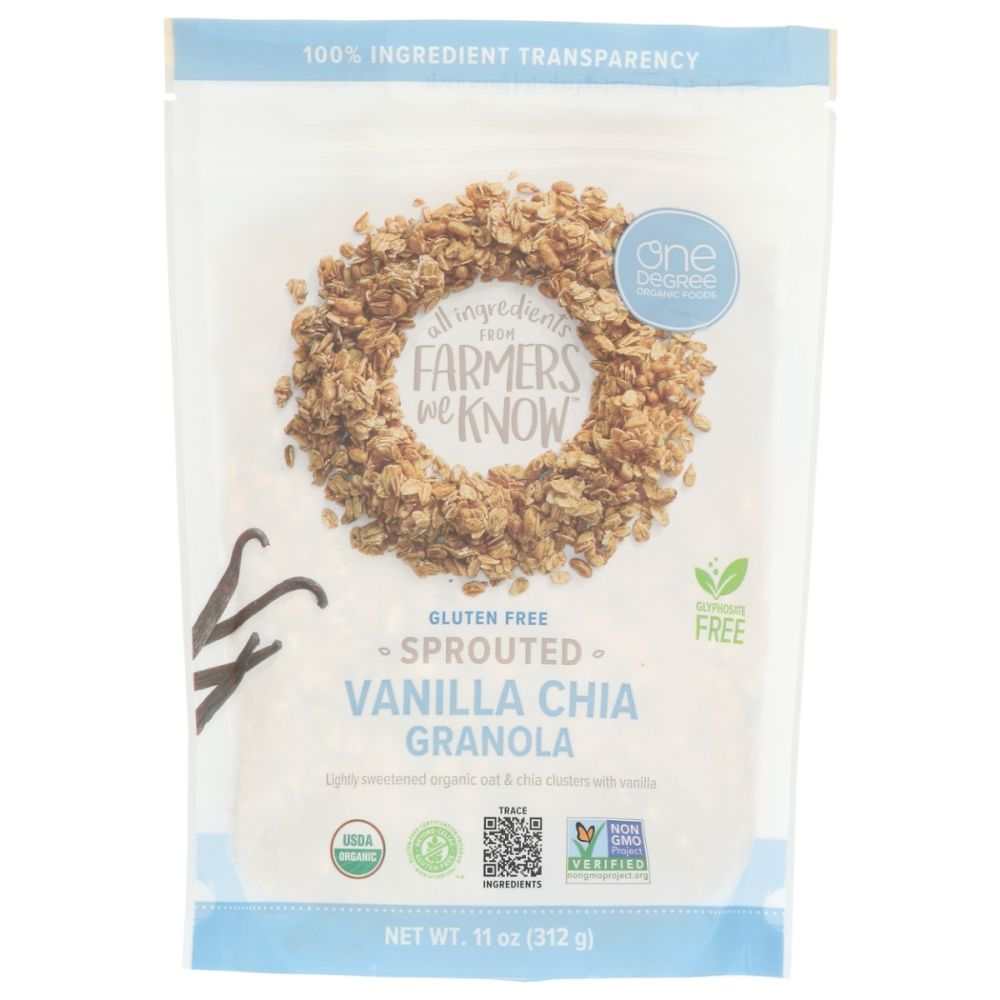 ONE DEGREE sprouted oat granola vanilla chia healthy organic breakfast 11oz packaging showing farm-to-table commitment
