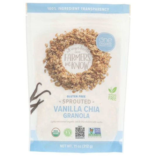 ONE DEGREE sprouted oat granola vanilla chia healthy organic breakfast 11oz packaging showing farm-to-table commitment