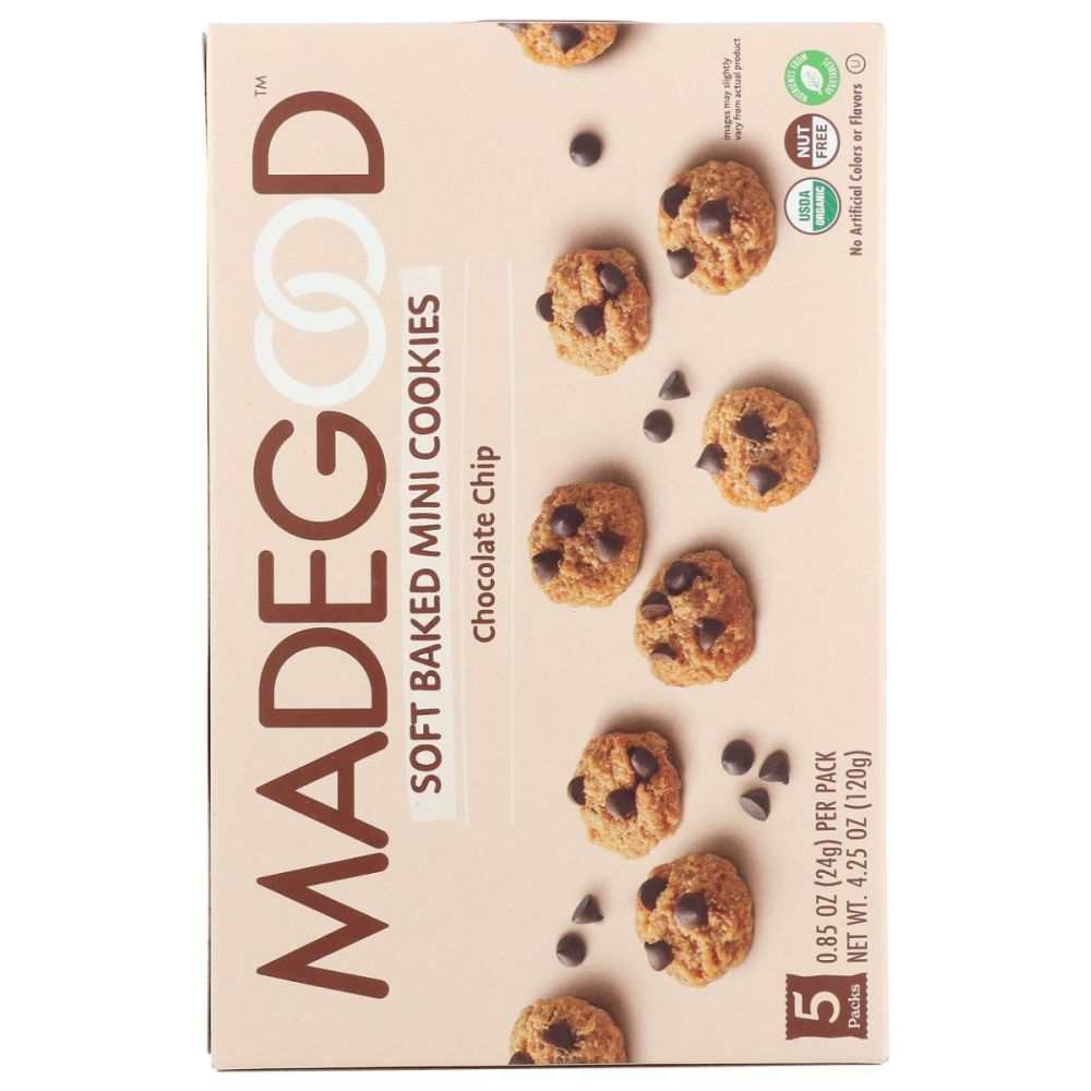 MADEGOOD chocolate chip soft baked mini cookies pack with vegan dark chocolate chips and gluten-free ingredients