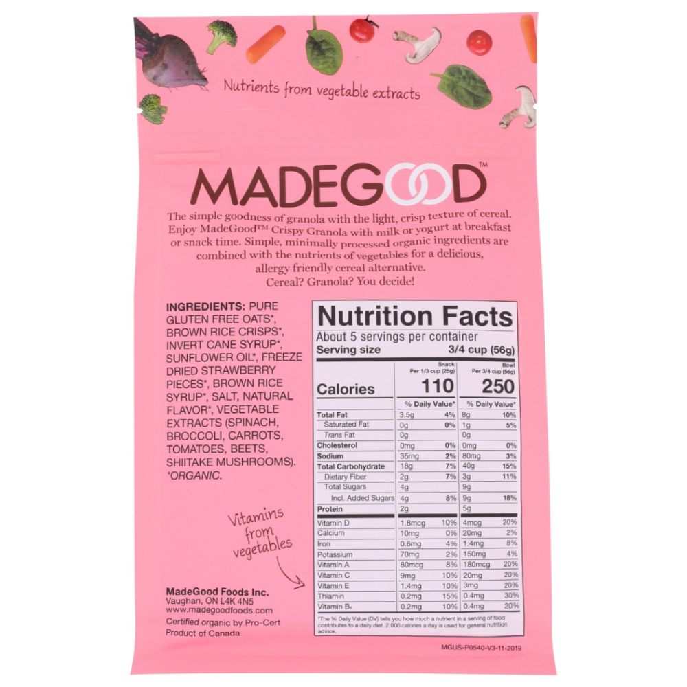 MADEGOOD Strawberry Crispy Light Granola 10 oz with fresh strawberry flavor