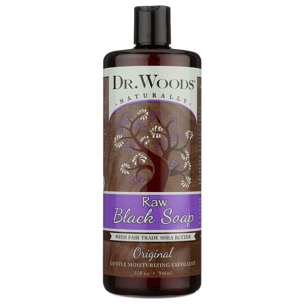 DR WOODS Naturally Raw Black Soap with Shea Butter 32 oz bottle for gentle exfoliation and acne-fighting skin care