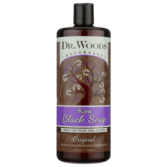 DR WOODS Naturally Raw Black Soap with Shea Butter 32 oz bottle for gentle exfoliation and acne-fighting skin care