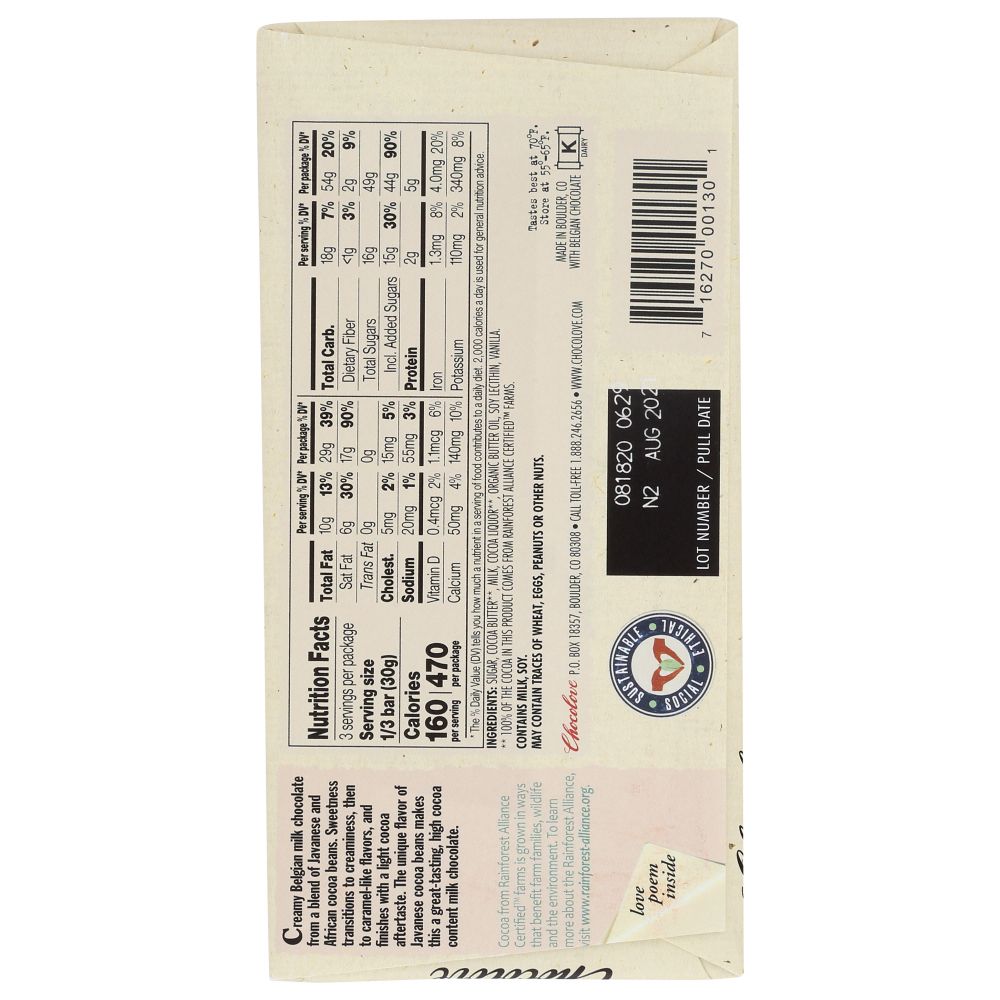 CHOCOLOVE: Milk Chocolate Bar, 3.2 oz - SMART GREENS