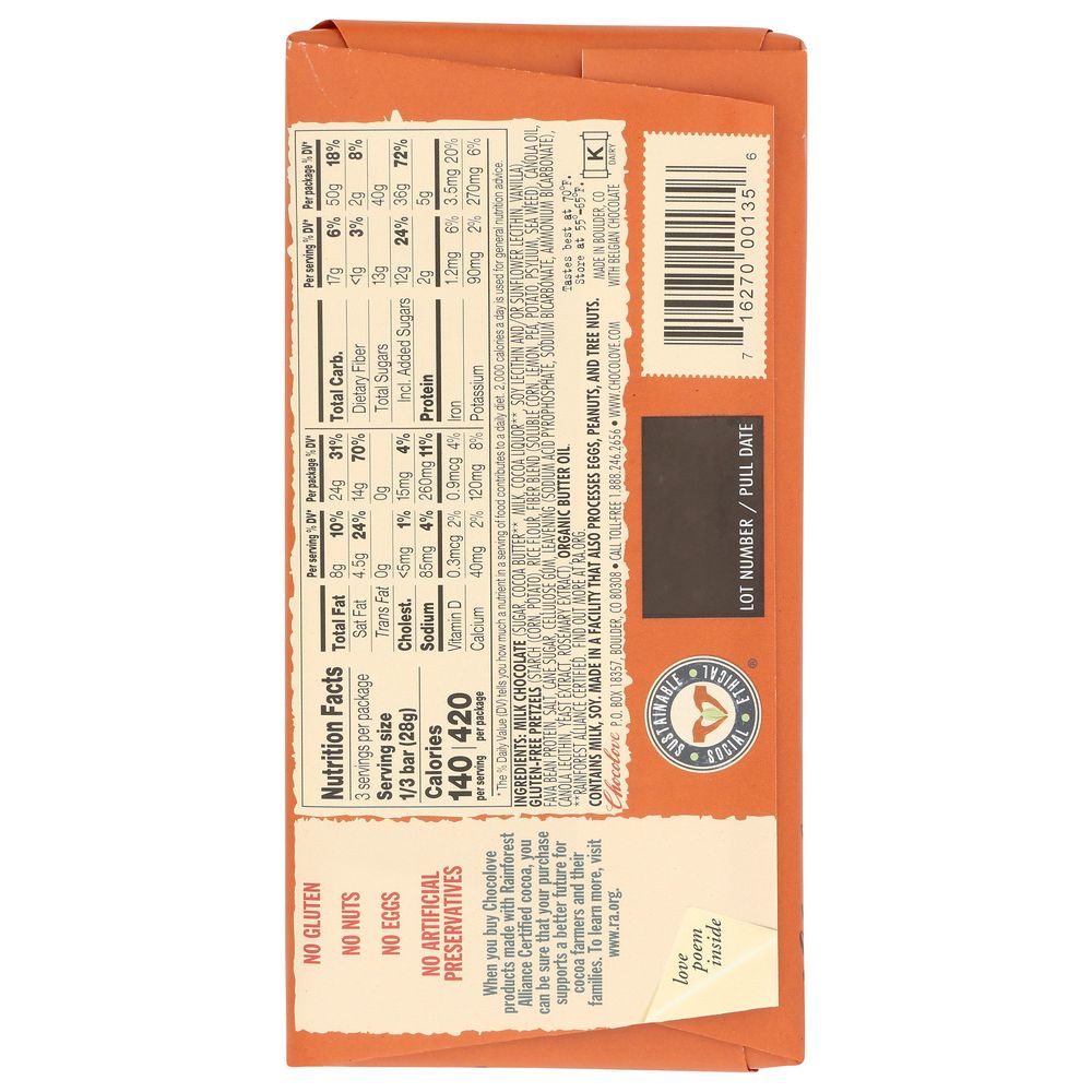 CHOCOLOVE: Pretzel In Milk Chocolate Bar, 2.9 oz - SMART GREENS