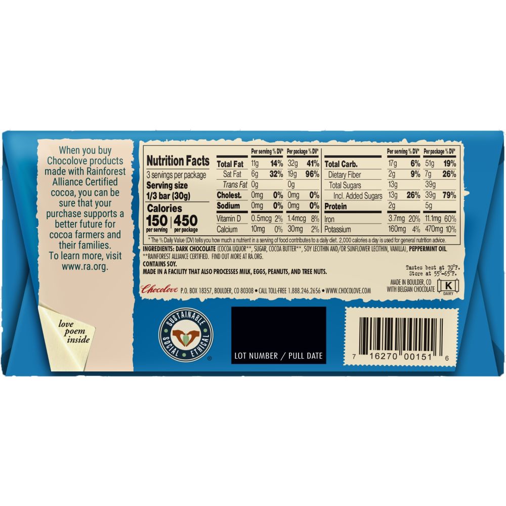 CHOCOLOVE: Peppermint In Dark Chocolate Bar, 3.2 oz - SMART GREENS