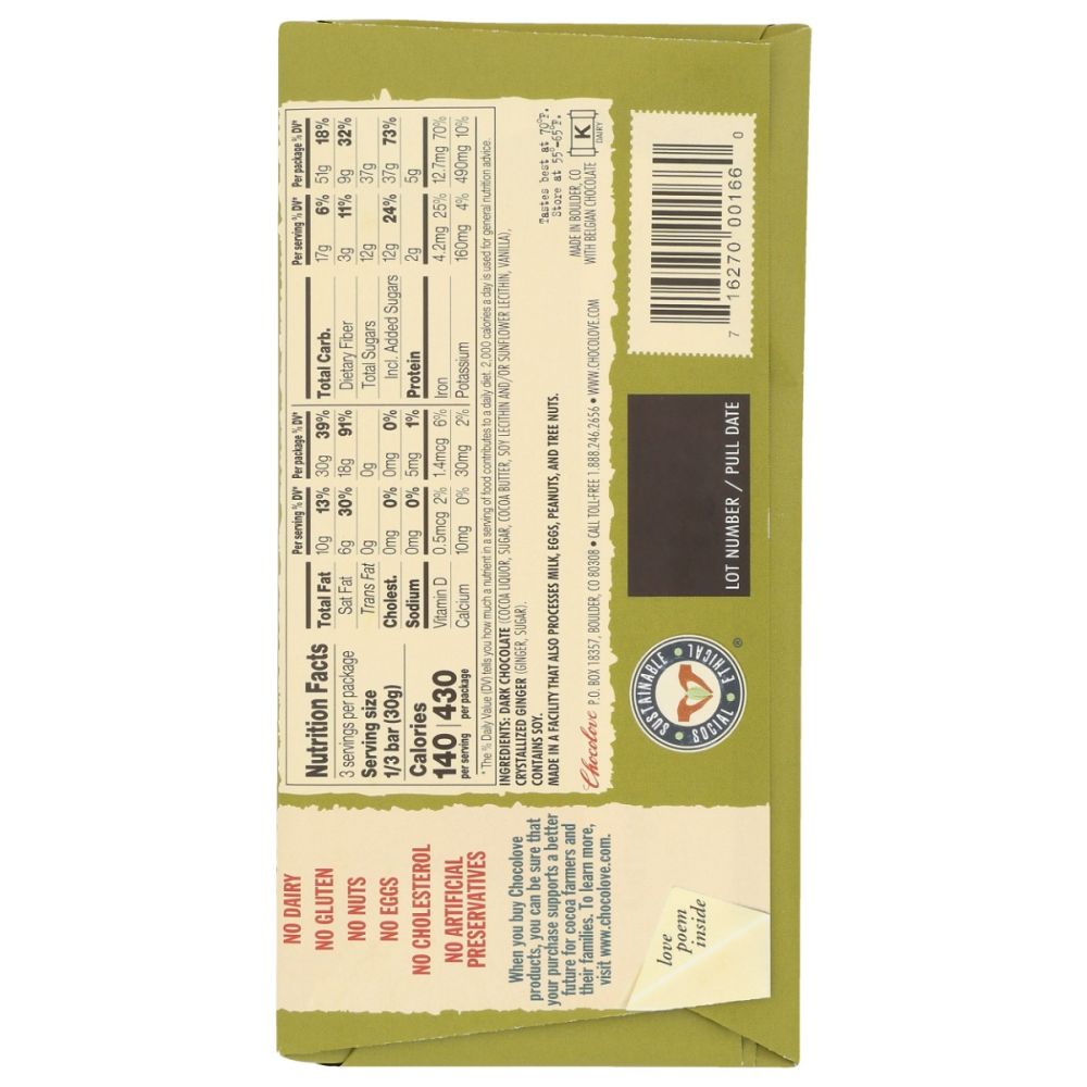 CHOCOLOVE: Dark Chocolate Bar Crystallized Ginger, 3.2 oz - SMART GREENS