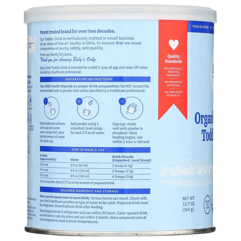 Back label of organic toddler drink can with preparation instructions and quality standards