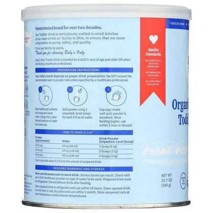 Back label of organic toddler drink can with preparation instructions and quality standards
