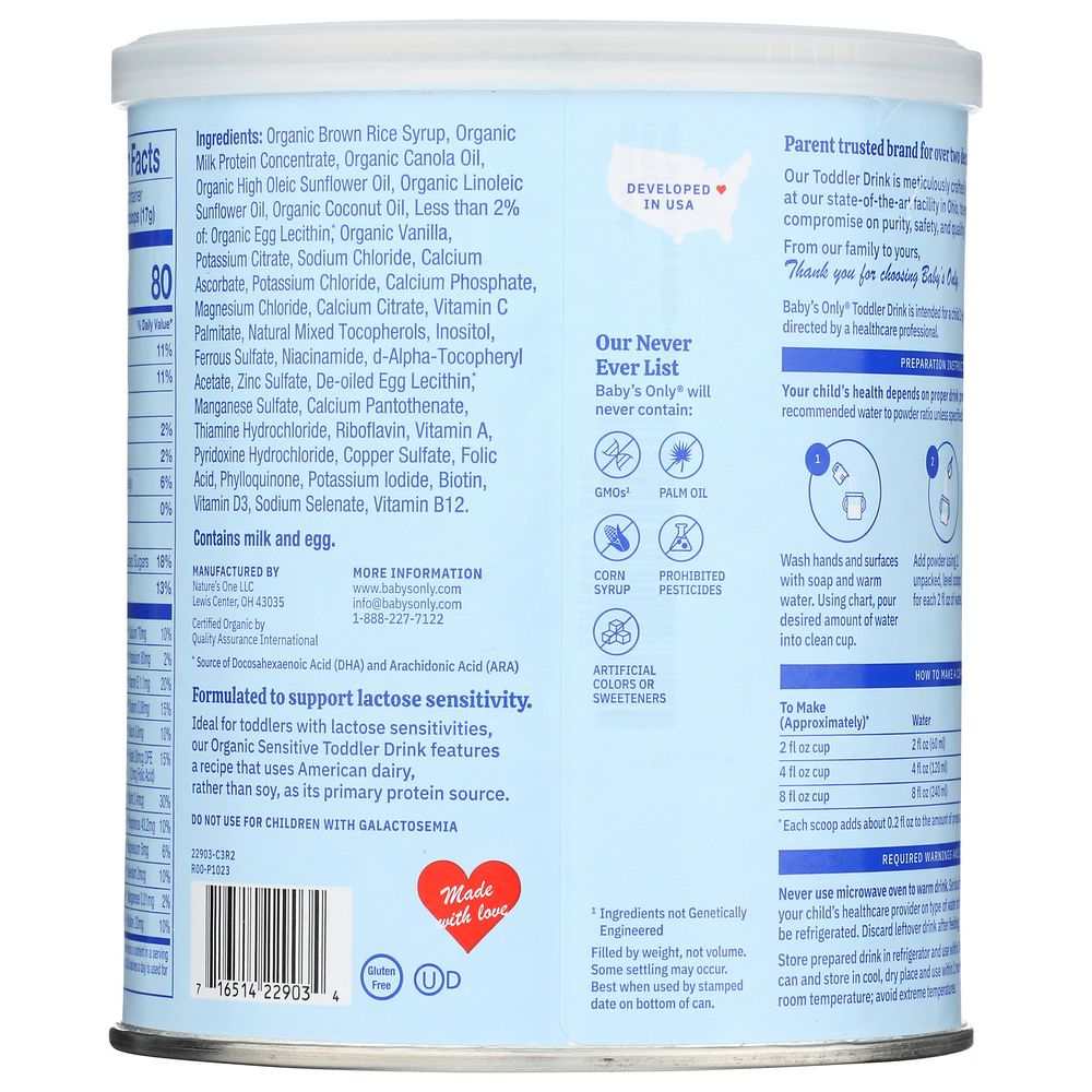 Back label of organic sensitive toddler drink can, showing ingredients, nutrition facts, and mixing instructions.