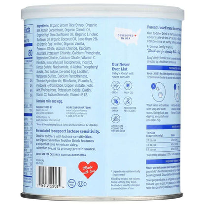 Back label of organic sensitive toddler drink can, showing ingredients, nutrition facts, and mixing instructions.