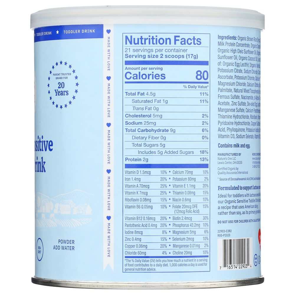 Can of toddler sensitive drink showing nutrition facts, ingredients, and supplement panel