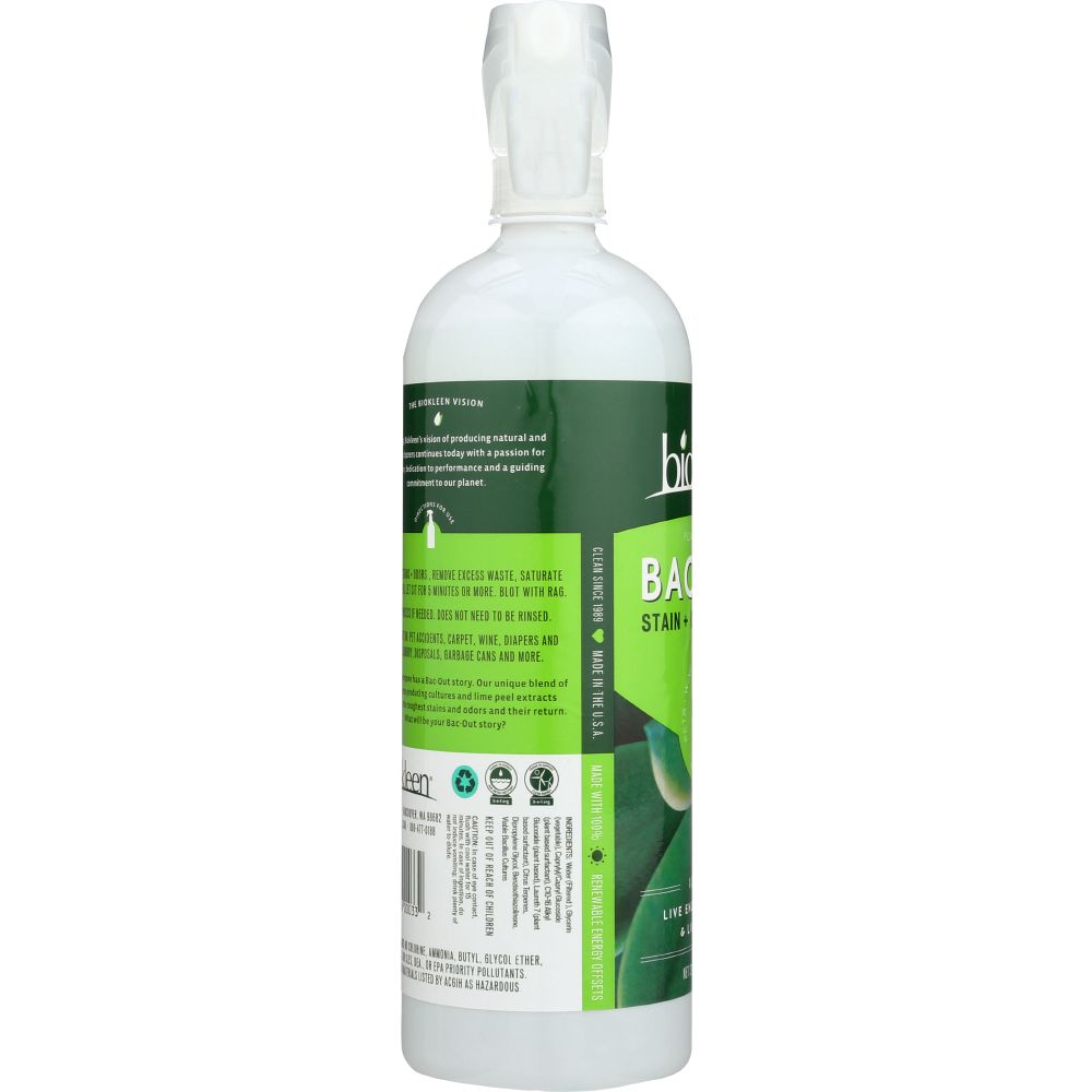 Eco-friendly back label of green and white stain and odor remover bottle