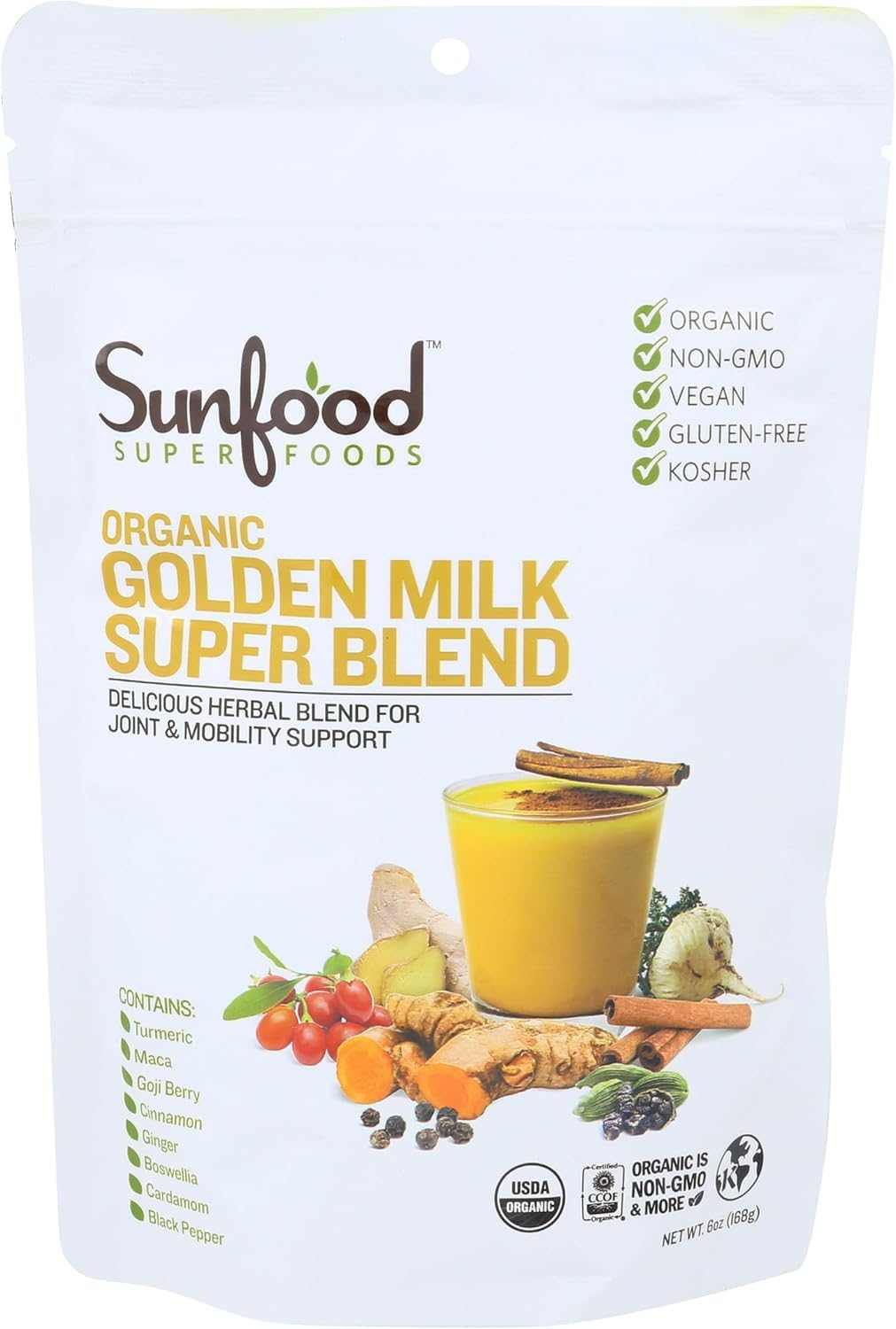 SUNFOOD SUPERFOODS Golden Milk Super Blend 6 oz organic turmeric and ginger wellness latte mix