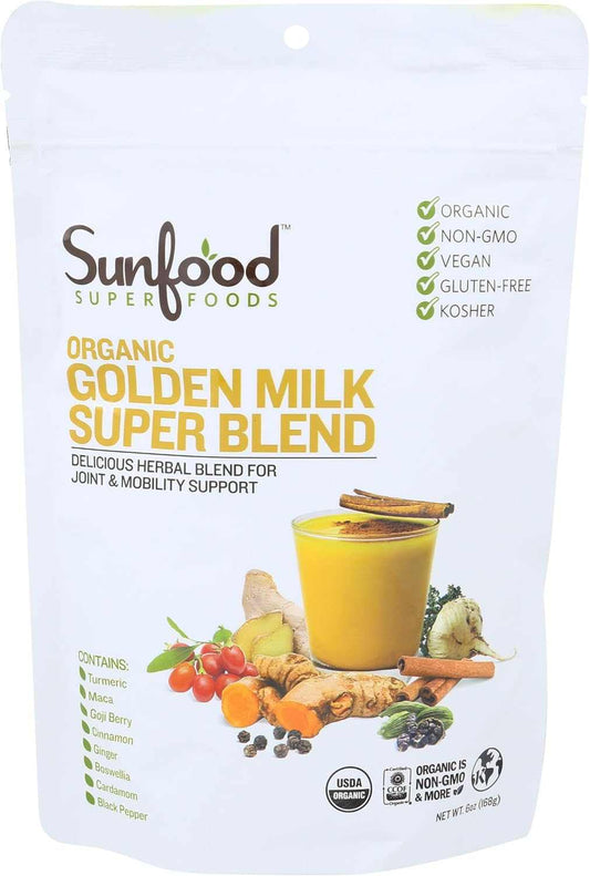 SUNFOOD SUPERFOODS Golden Milk Super Blend 6 oz organic turmeric and ginger wellness latte mix