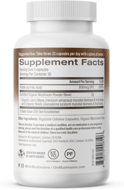 OM ORGANIC MUSHROOM NUTRITION: Brain Fuel Lions Mane Folate, 90 vc