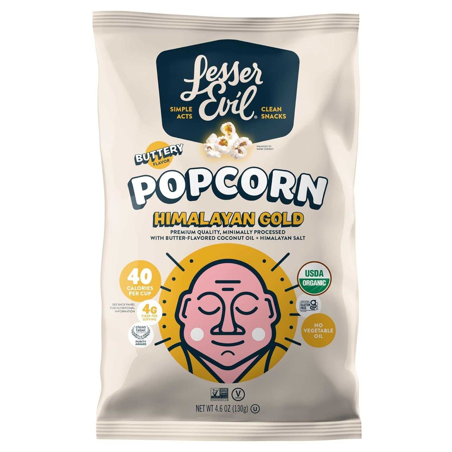 LESSER EVIL Buddha Bowl Himalayan Gold dairy-free popcorn with organic coconut oil and botanical extracts