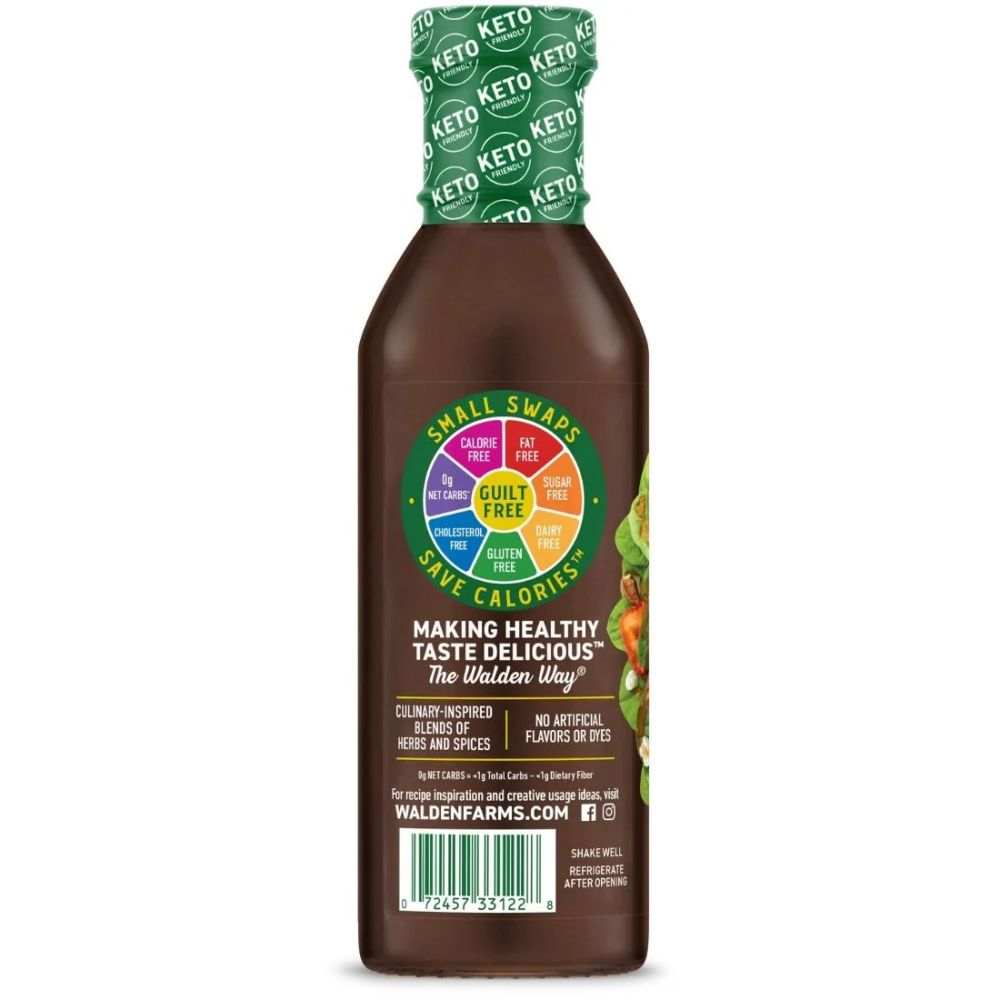 Walden Farms Honey Balsamic Vinaigrette bottle with sweet and tangy flavor description