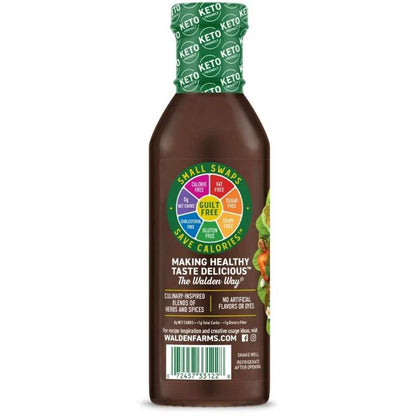 Walden Farms Honey Balsamic Vinaigrette bottle with sweet and tangy flavor description