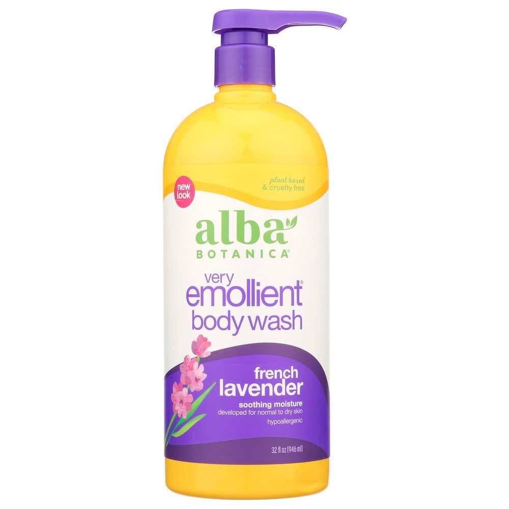 ALBA BOTANICA Very Emollient Bath & Shower Gel French Lavender 32 oz bottle with botanical emollients and aloe vera