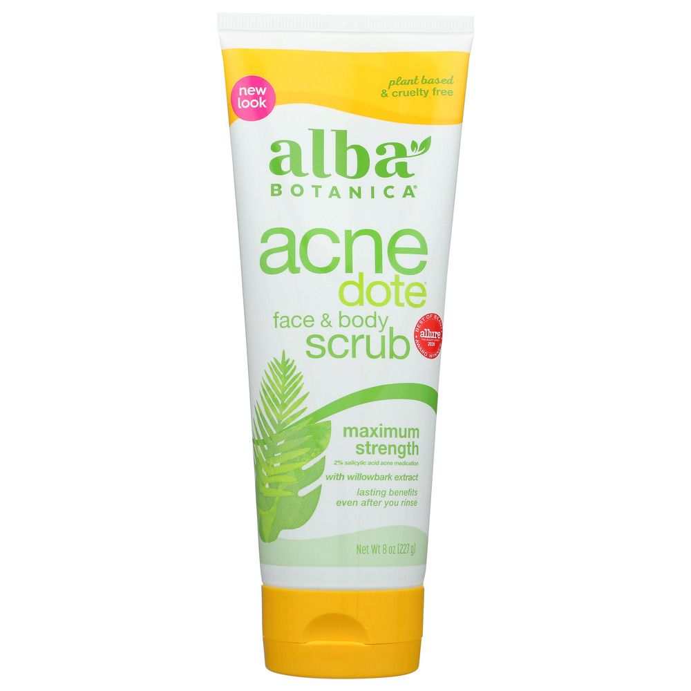 ALBA BOTANICA Natural Acne Dote Face and Body Scrub bottle with botanical ingredients for acne treatment