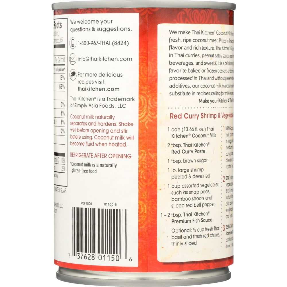 THAI KITCHEN coconut milk unsweetened 14 oz can for cooking and desserts