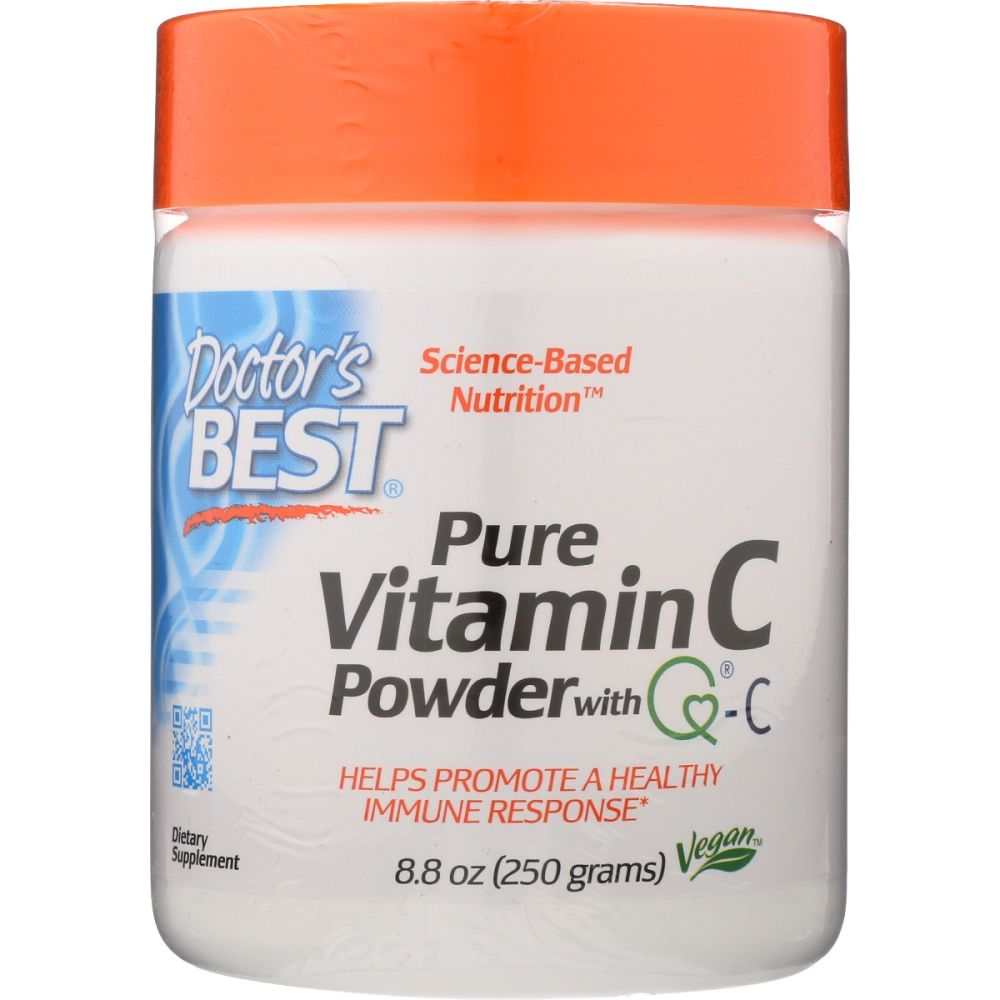 Vitamin C powder supplement container with orange lid and immune support label