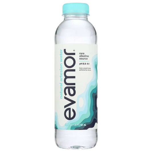 Bottle of EVAMOR natural artesian water with high alkaline pH between 8.8 and 9.1