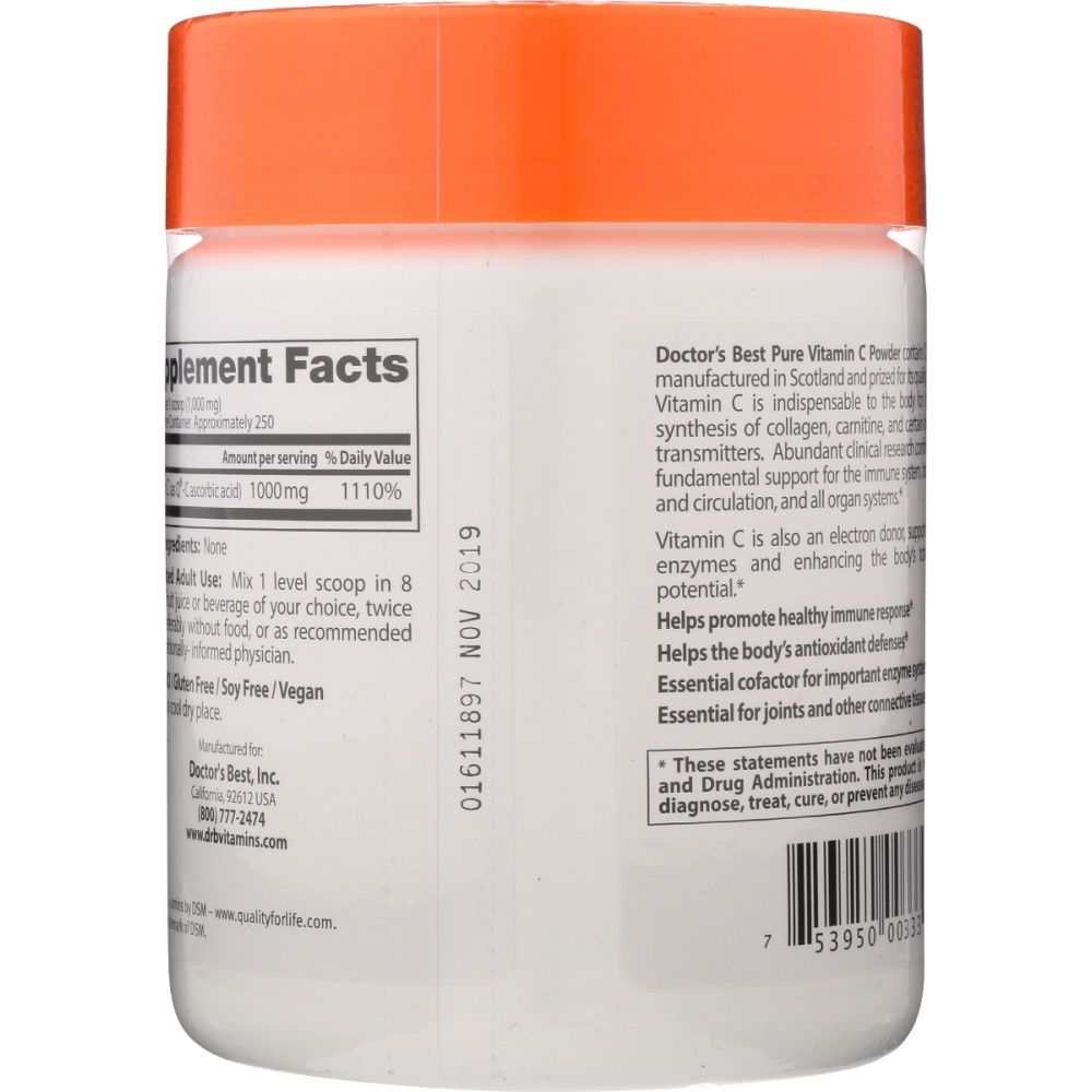 Vitamin C powder supplement container with orange lid and detailed nutrition label
