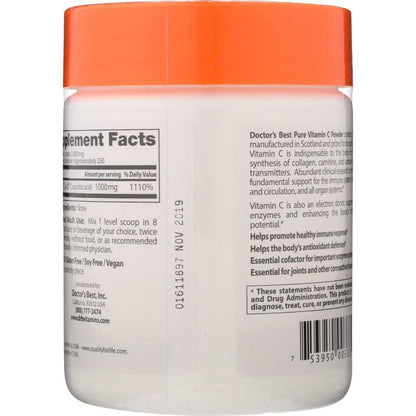 Vitamin C powder supplement container with orange lid and detailed nutrition label