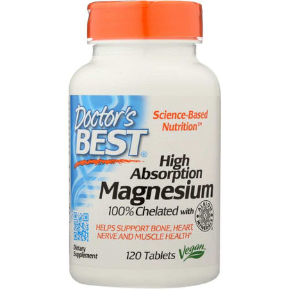 Doctor's Best High Absorption Magnesium 100 mg bottle with 120 tablets for muscle relaxation and nerve support