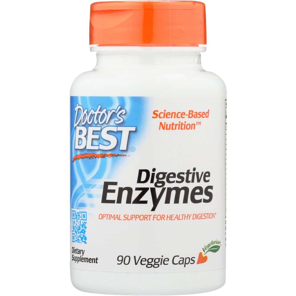 Digestive enzymes dietary supplement bottle with orange cap, 90 vegetarian veggie caps