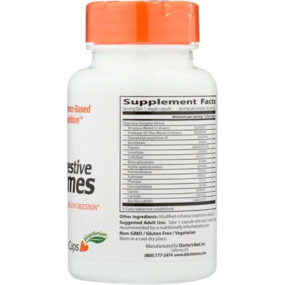 Digestive enzymes supplement bottle with orange cap and detailed nutrition label