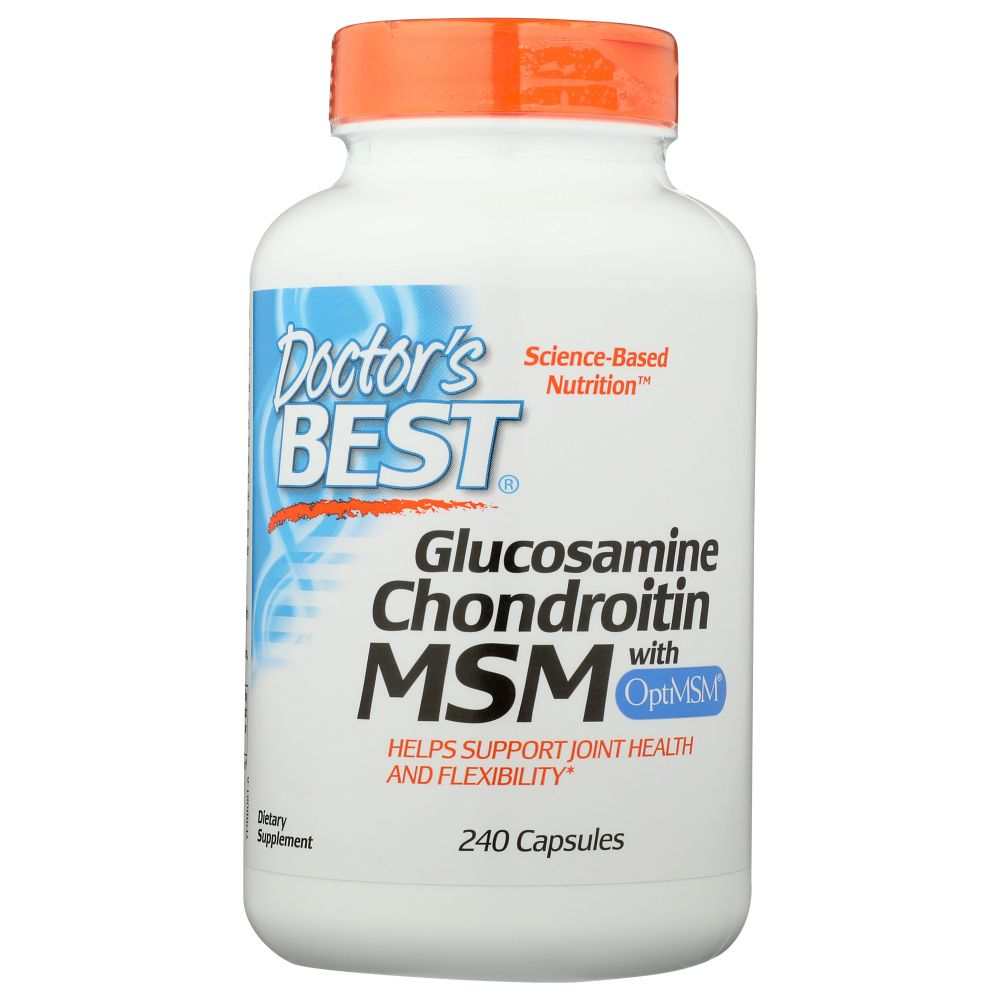 Doctor's Best Glucosamine Chondroitin MSM supplement bottle supporting healthy joints and connective tissues