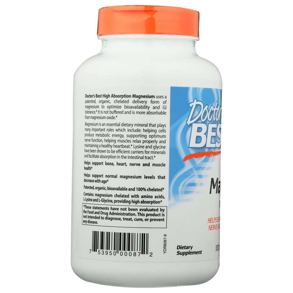 Magnesium dietary supplement bottle with orange cap and detailed product label text
