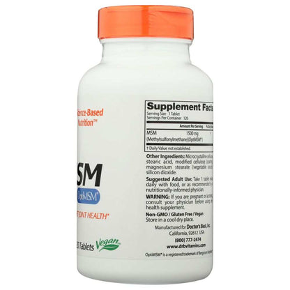 White MSM supplement bottle with orange cap, vegan label, and supplement facts panel